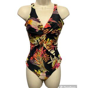 NWT Moontide Sz 6 Black Tropical Floral Swimsuit Twist Front Metallic Accents